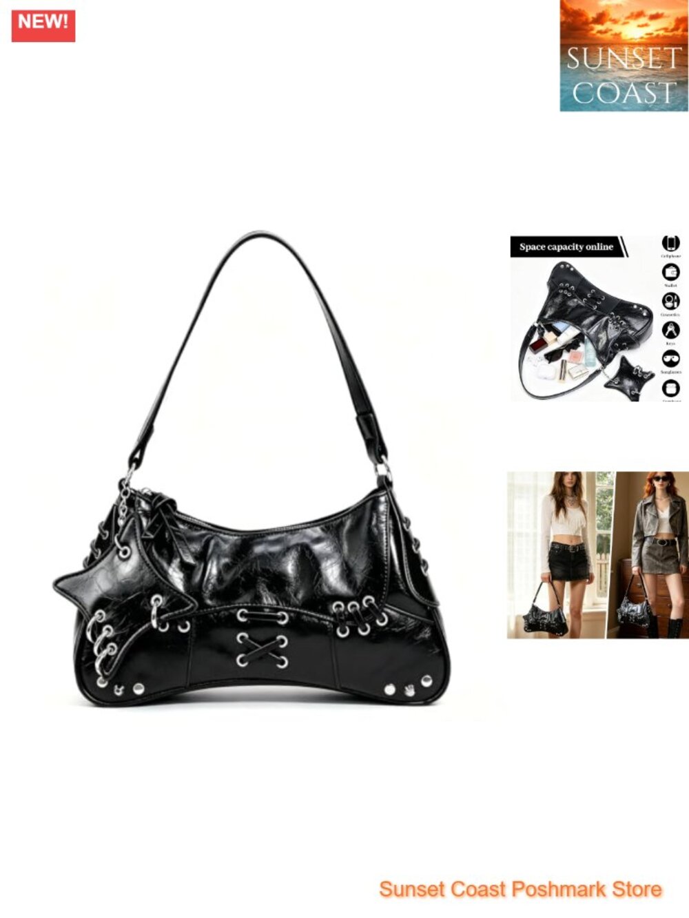 Faux Leather Crescent Shoulder Bag Y2K Studded Hobo